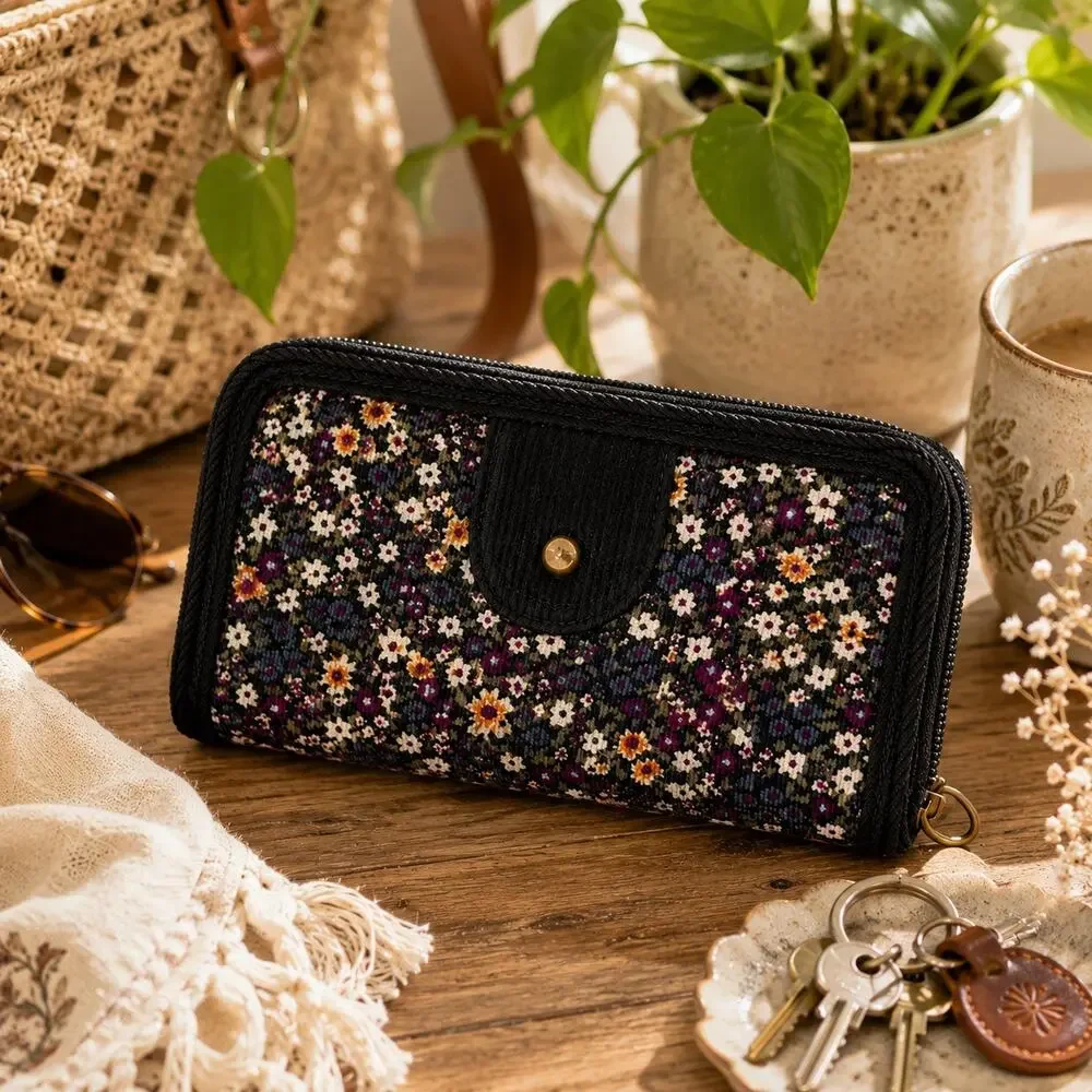 LEI Floral Zip Around Wallet Clutch Black Corduroy Organizer Boho Cottagecore